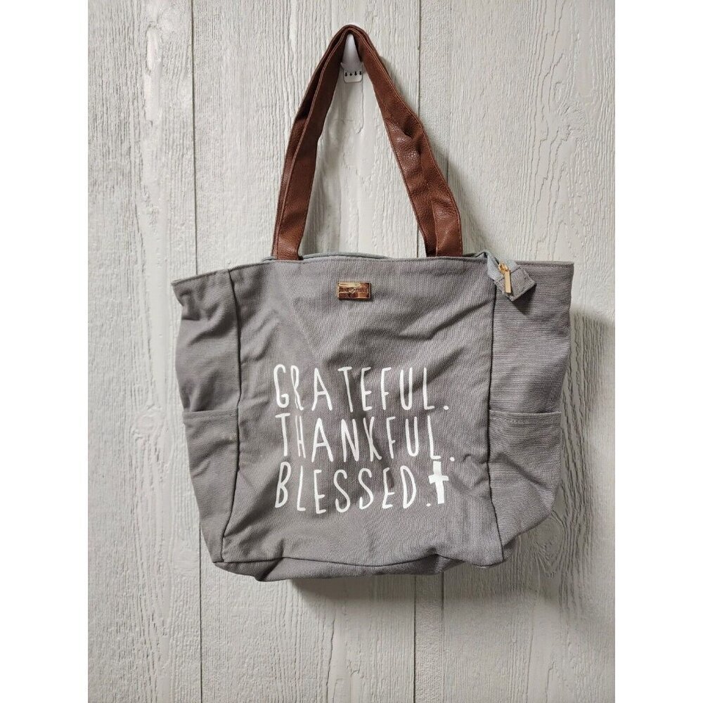 Jane Marie Grateful Thankful Blessed Tote Bag Purse Diaper Bag Gray And White